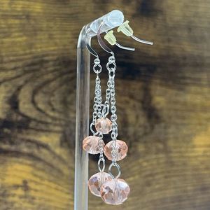Pink Beaded Silver Dangling Pendant Earrings